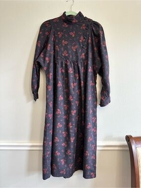 Laura Ashley Blue Maxi Dress, Red Floral print cotton/wool, vintage